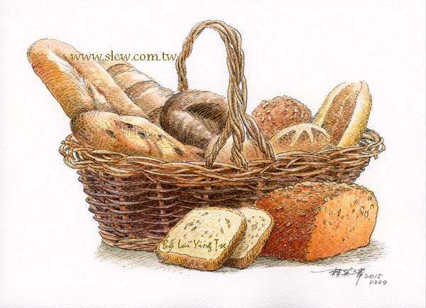 A basket of bread watercolor sketch painted by Lai Ying-Tse 麵包籃 賴英澤 繪